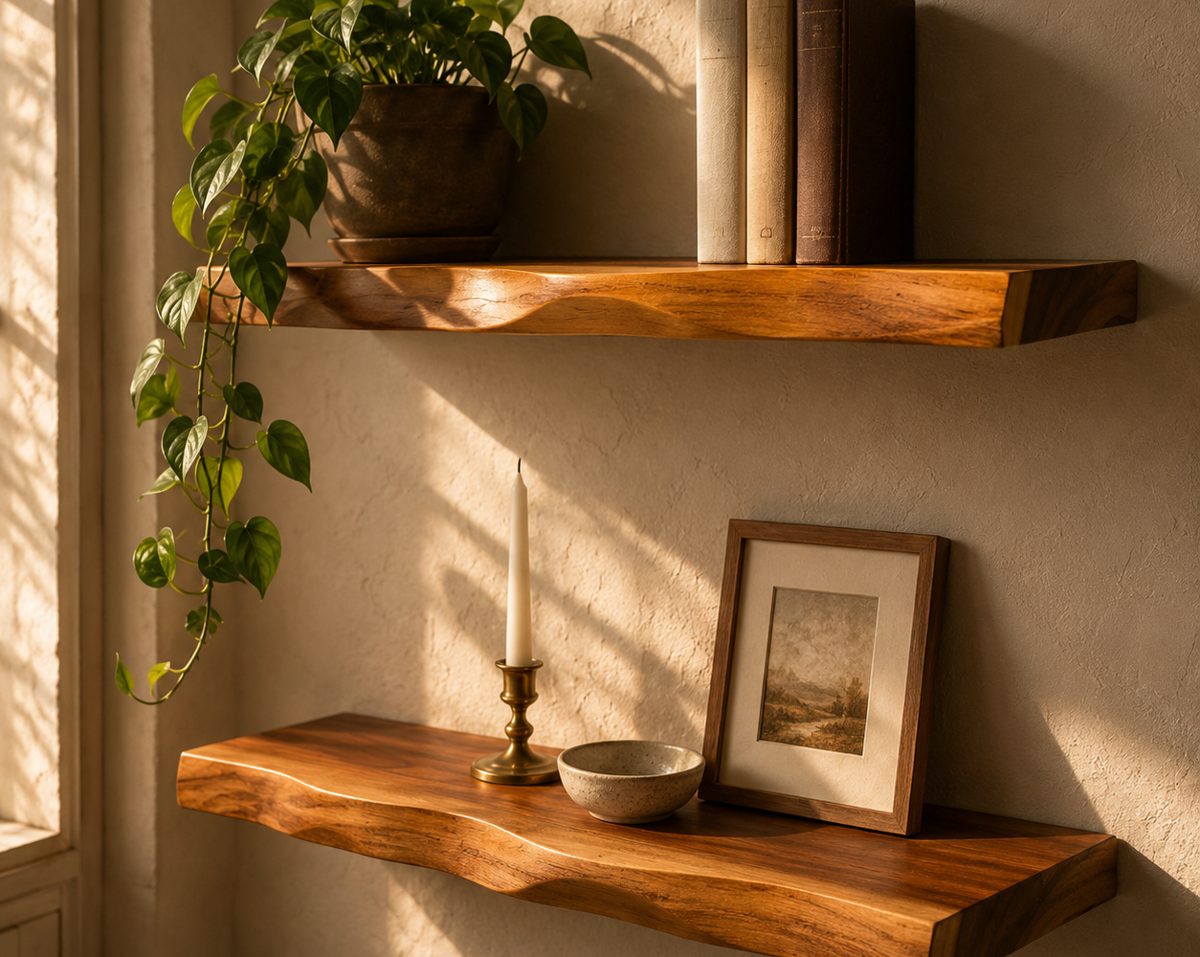 Two live edge suar wood floating shelves in a sunlit living room, styled with a trailing plant, books, a candlestick and a framed print