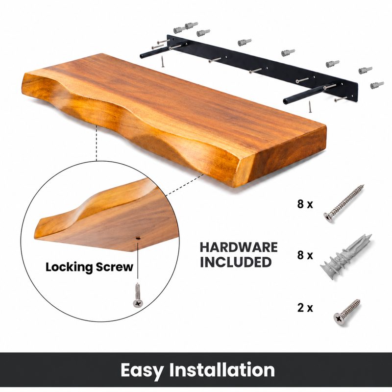 Installation diagram: bracket screws to the wall, shelf slides over the bracket rods, locking screws secure it from below — all hardware included