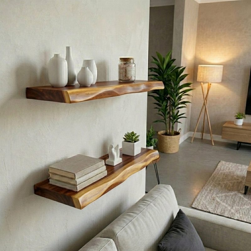 Two live edge suar wood shelves styled with white vases, books and a small sculpture on a textured cream living room wall