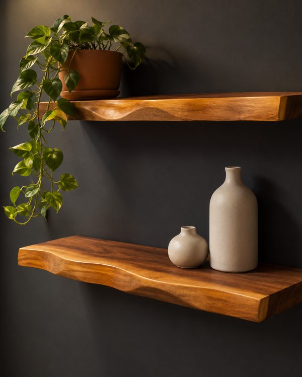 Suar wood floating shelf on a charcoal wall used as a plant shelf, with a trailing pothos and ceramic vases